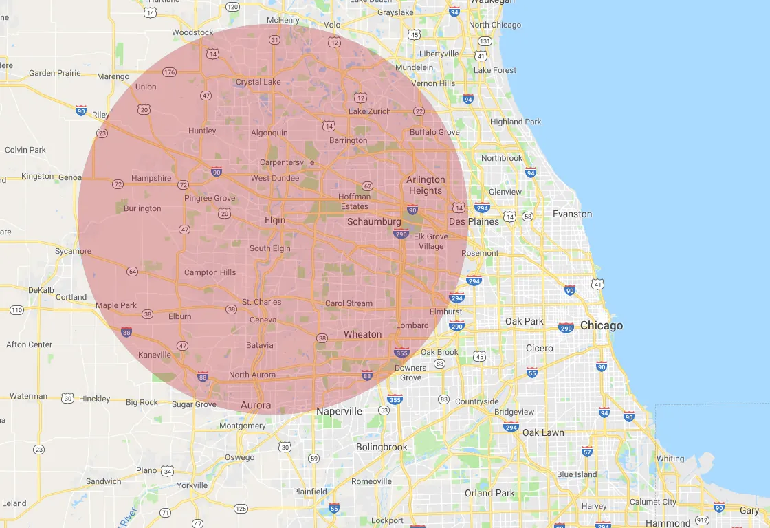Map of DFC Roofing service area — a radius around South Elgin covering Elgin and the northwest and western Chicago suburbs
